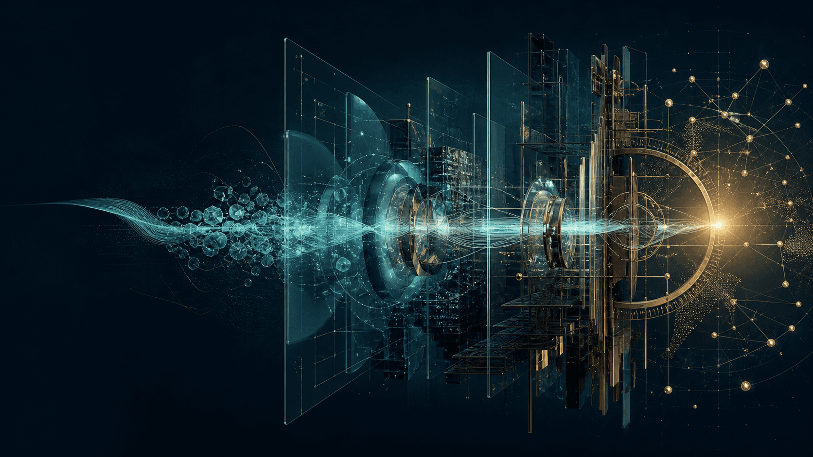 An abstract flow of specialist knowledge moving through engineered systems toward market confidence